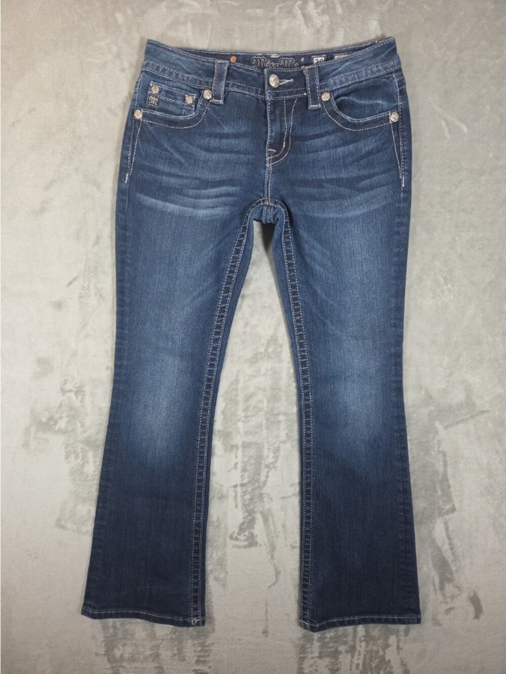 Miss Me Signature Boot Medium Wash Pearl Bling Flap Pocket Jeans Size 28